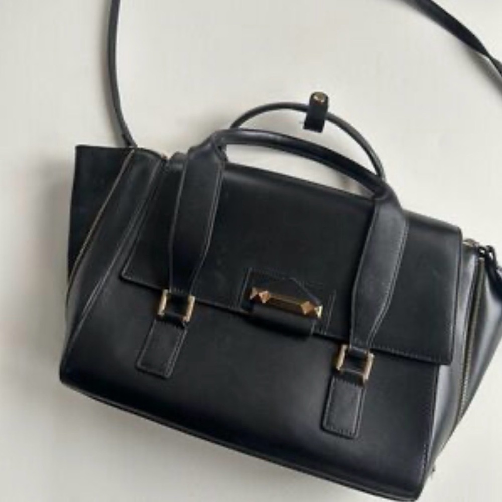 BCBG Max Azria expandable Black Leather tote